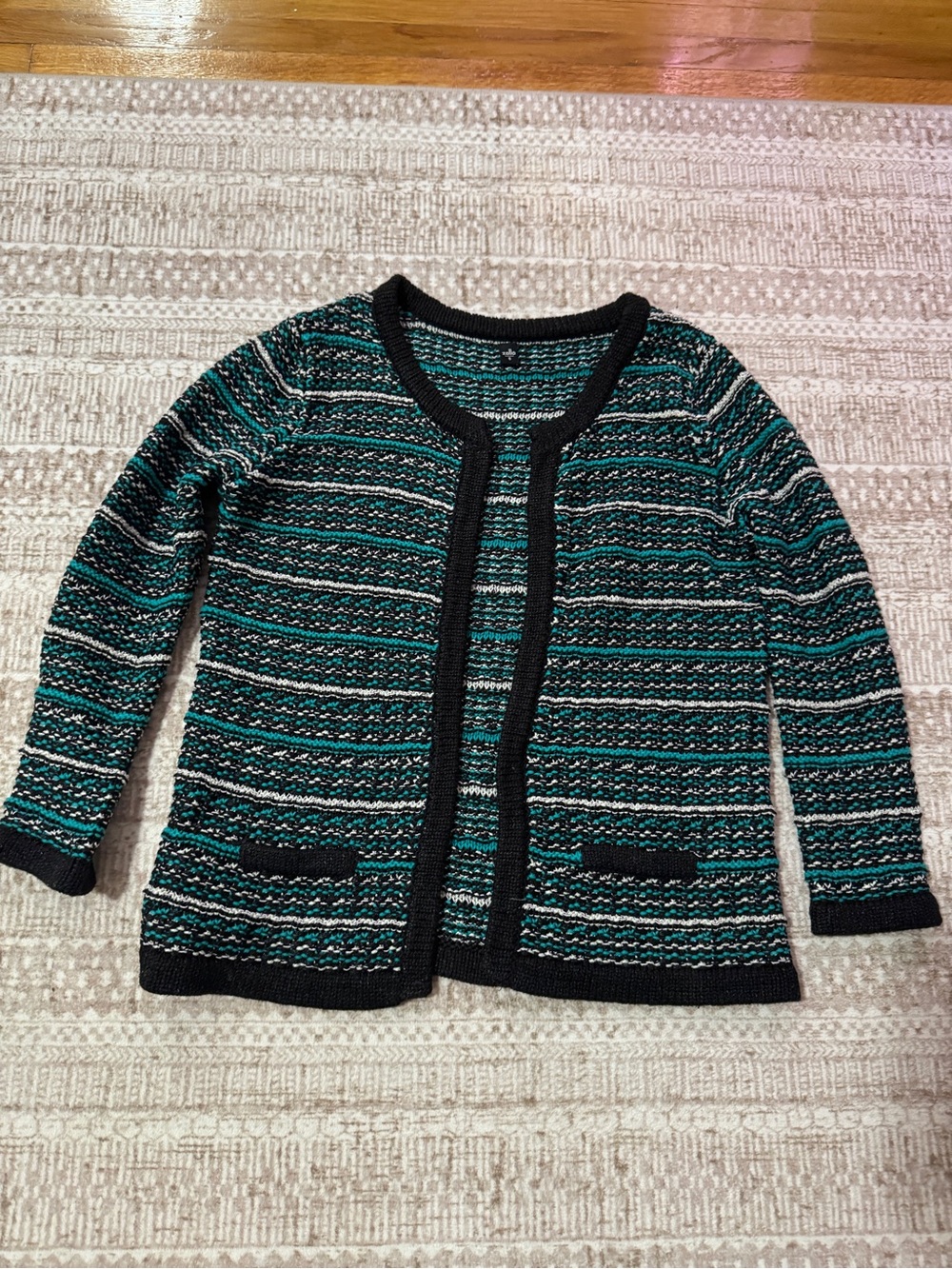 Striped Knit Open-Front Women's Sweater Cardigan - Teal & Black